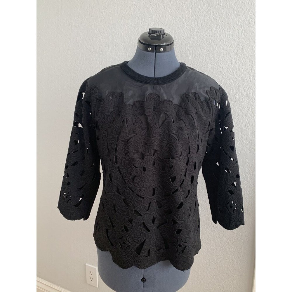 Sheer Organza to Shoulder Cut Out Blouse Black 3/4 Sleeve Athena Marie SZ Small
